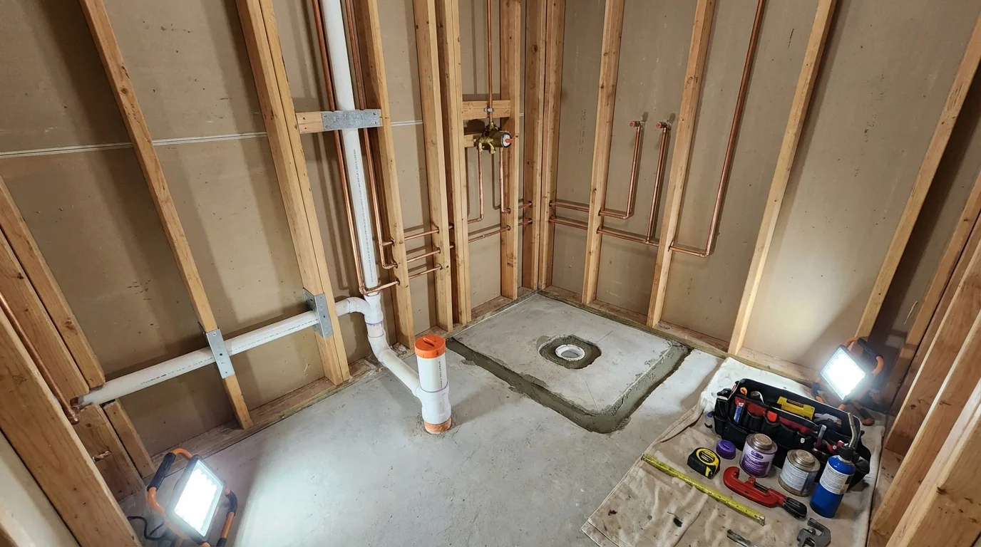 Bathroom rough-in plumbing during remodel by Johns Plumbing LLC in Winterville
