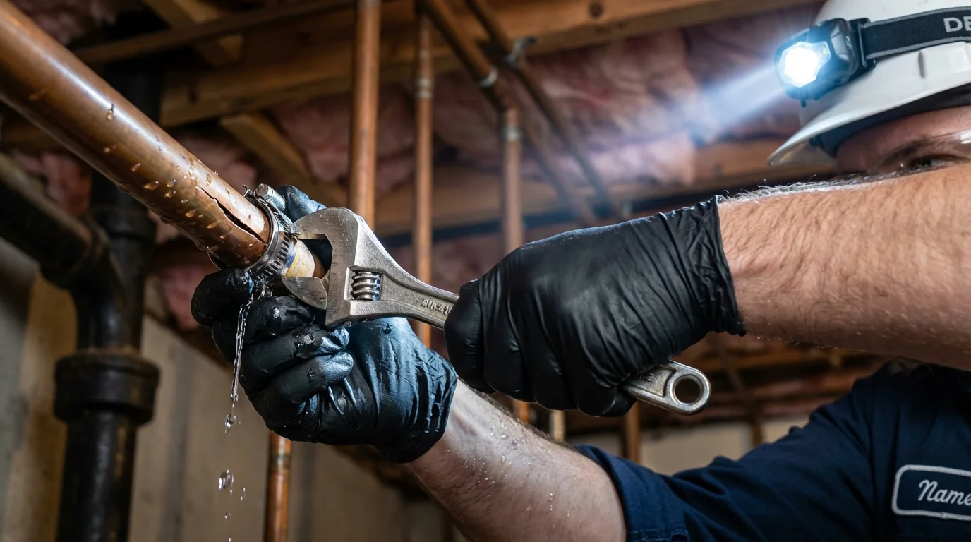 Emergency pipe clamp repair being performed by a Johns Plumbing LLC plumber in Winterville