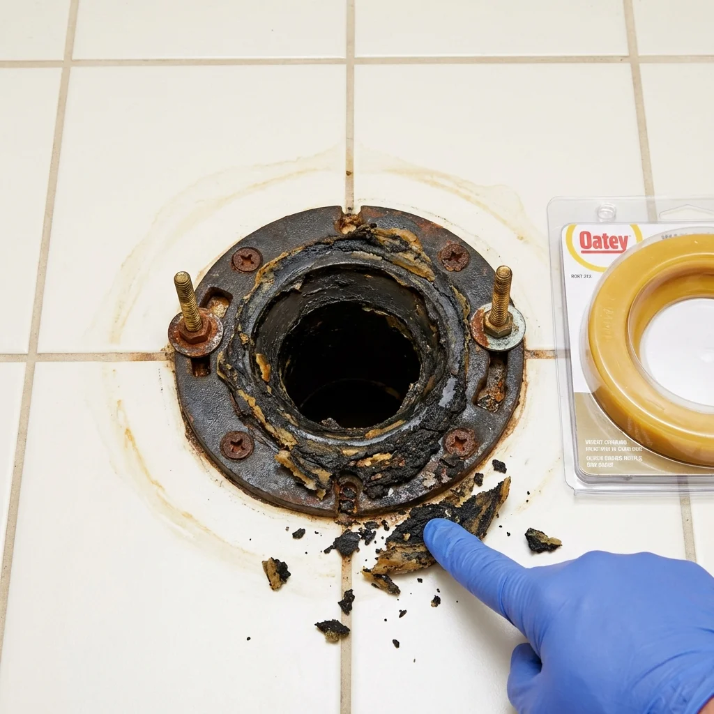Failed wax ring showing water seepage at the base of a toilet in a Winterville, GA home