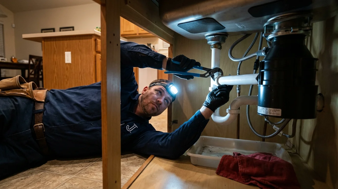 P-trap and supply line connections under a kitchen sink showing a common leak point in Winterville, GA